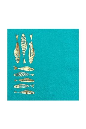 33x33 Cm Altın Varak Balıklar Marin Desenli 16'lı Turkuaz Mavi Renkli Kağıt Peçete SB-4015-T