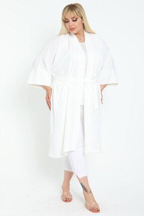 Kadın Beyaz Puantiye Kabartmalı Ayrobin Büyük Beden Kimono 2140114