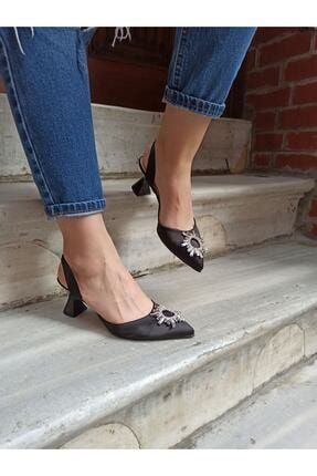 Siyah Saten Güneş Taş 7 cm Arkadan Lastikli Kadın Topuklu Ayakkabı DS-PALMO