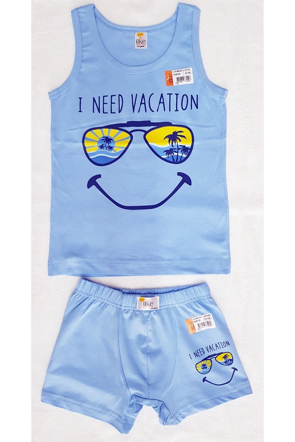 İlke-Boy's Blue Color Front Print Patterned Cotton Undershirt & Boxer Set 1