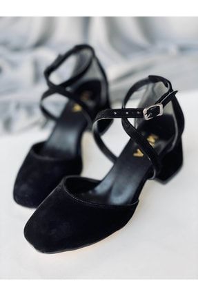 Çapraz Bantlı Siyah Süet Topuklu Ayakkabı Y191