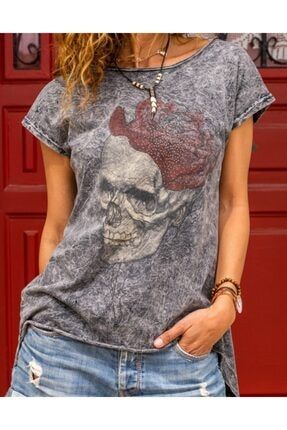 Kadın Gri Yıkamalı Sırt Detay Fermuarlı Eskitmeli T-shirt ROSİDAMSIRT
