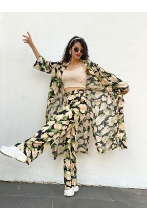 Kadın Yeşil Yaprak Desenli Kimonolu Takım HT101