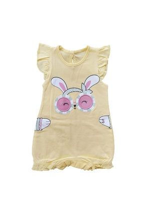 Yazlık Sevimli Tavşan Baskılı Renkli Pamuklu Askılı Manşetli Çıtçıtlı Kız Bebek Tulum ne212170