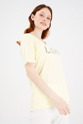 Kadın Sıfır Yaka Kısa Kol Love Yazılı Penye T-shirt Sarı TYC00173412271