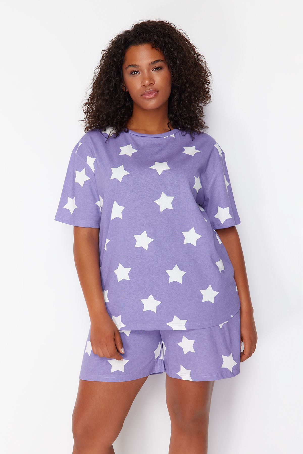 Trendyol Curve-Lilafarbenes, gestricktes Pyjama-Set mit Sternenmuster TBBSS24AI00027 3
