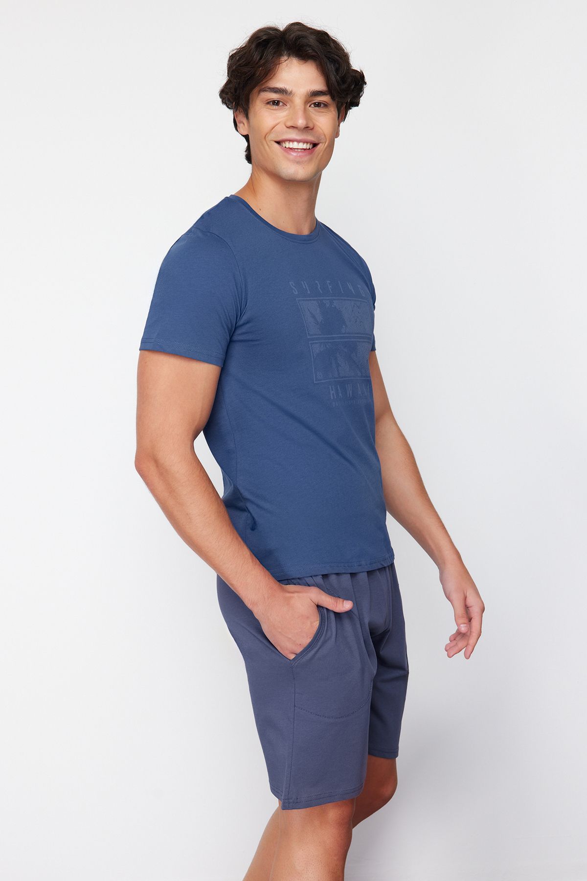 Trendyol Collection-Regular Fit Indigo Printed Knitted Pajamas Set - TMNSS24PT00044 2