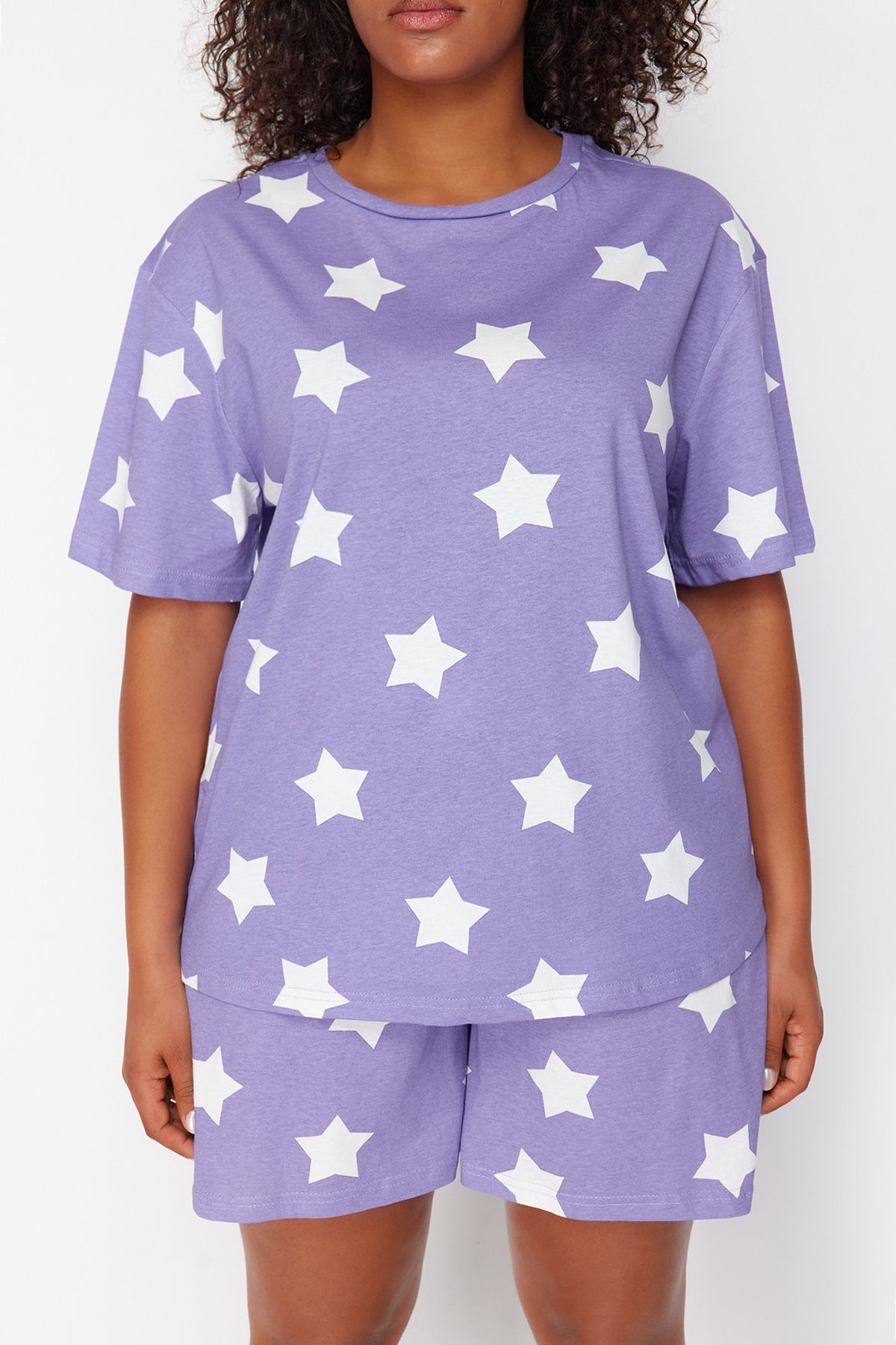 Trendyol Curve-Lilafarbenes, gestricktes Pyjama-Set mit Sternenmuster TBBSS24AI00027 4