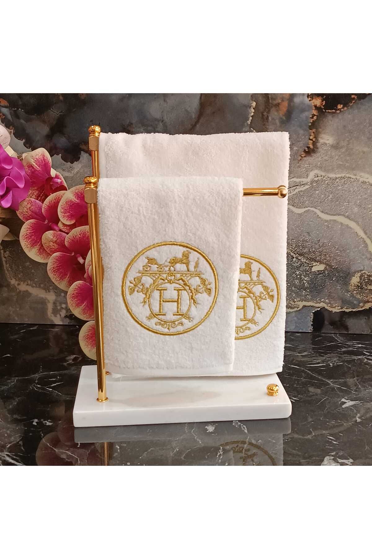 HERMES LOGO DESENLİ GOLD  NAKIŞ DETAYLI MUTFAK VE BANYO HAVLUSU 2 ADET