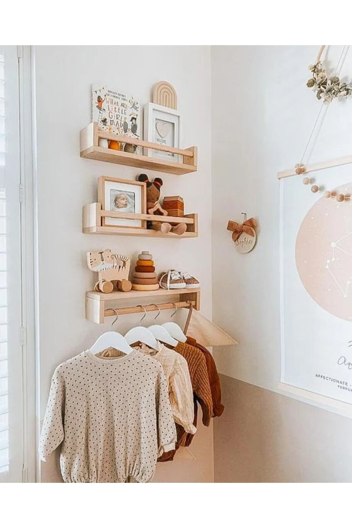 worldofwood Montessori Kitaplık Çocuk Bebek Odası Rafı Ahşap Kitaplık Askılık 60cm 3lü Ters Düz Raf