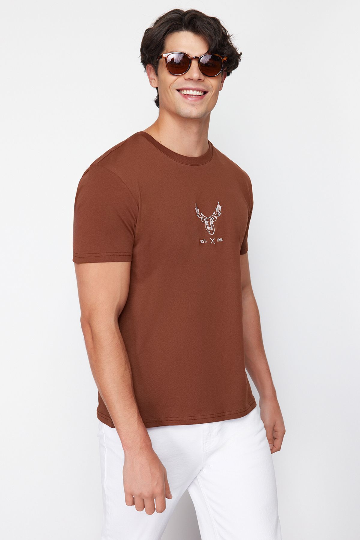 Trendyol Collection-Dark Brown Cotton T-Shirt with Deer Embroidery - Regular Fit TMNSS24TS00165 3