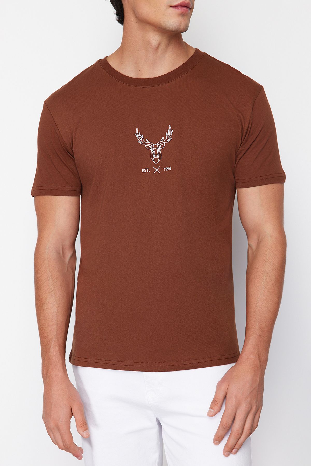 Trendyol Collection-Dark Brown Cotton T-Shirt with Deer Embroidery - Regular Fit TMNSS24TS00165 4