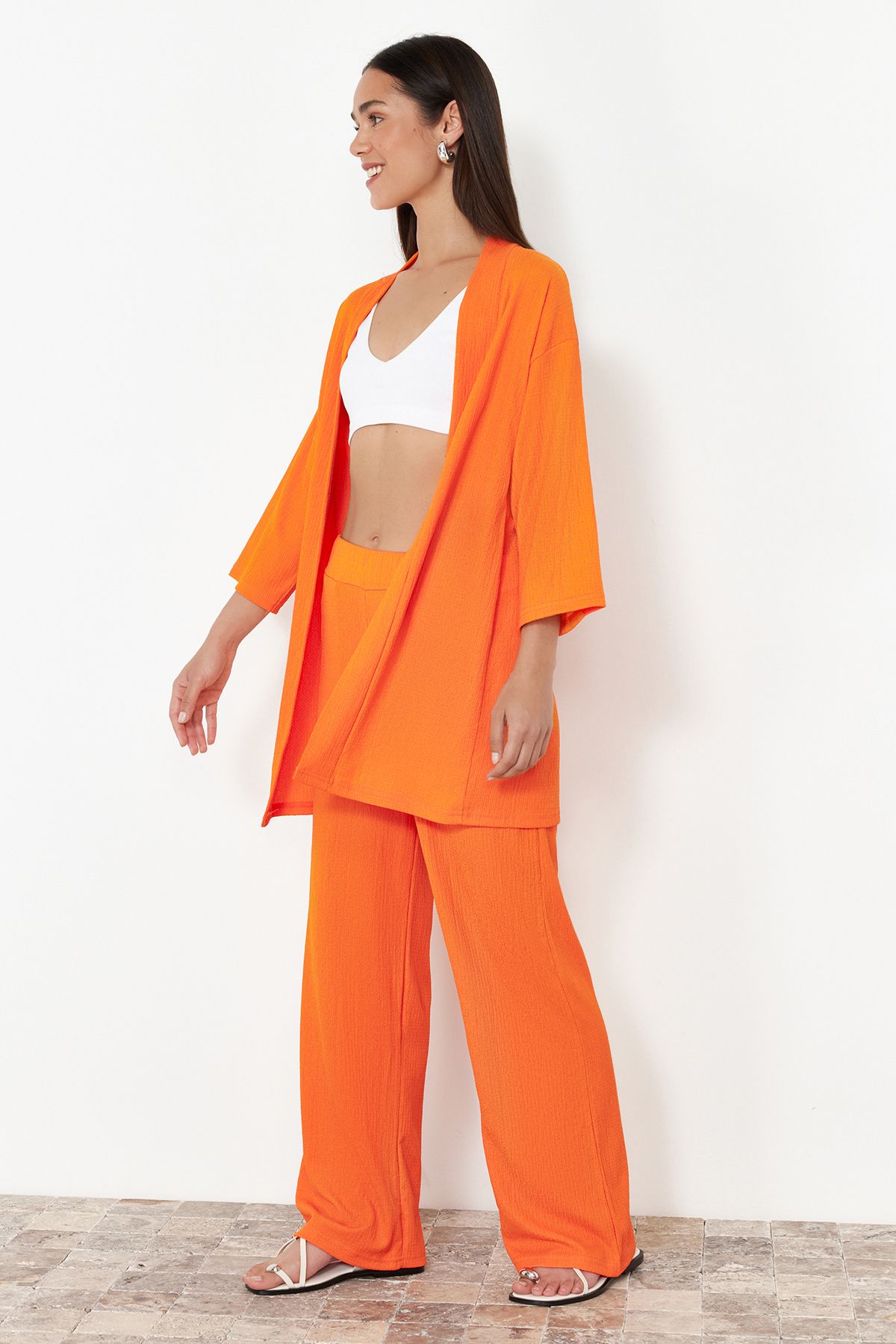 Trendyol Collection-Orange Knitted Relaxed Fit Kimona and Pants Set - TWOSS24AU00091 2