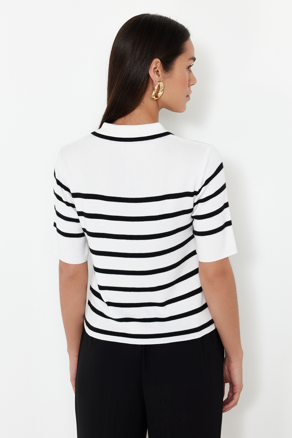 Trendyolmilla  Ekru Premium Kalite Polo Yaka Çizgili Triko Kazak TWOSS24KZ00048 - Görsel 6