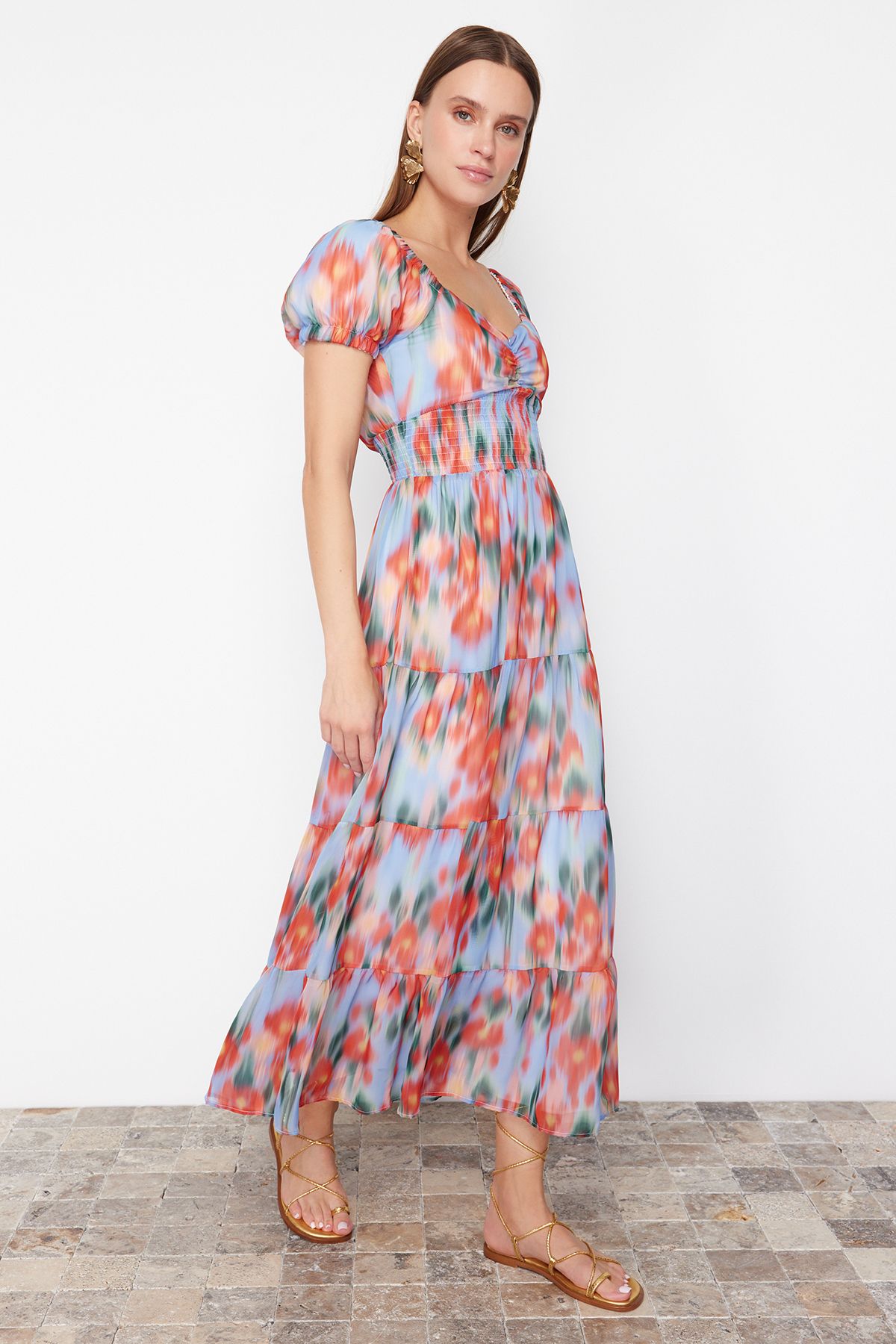 Trendyol Collection-Rochie maxi țesătă cu imprimeu floral în linie A albastră TWOSS24EL00807 2