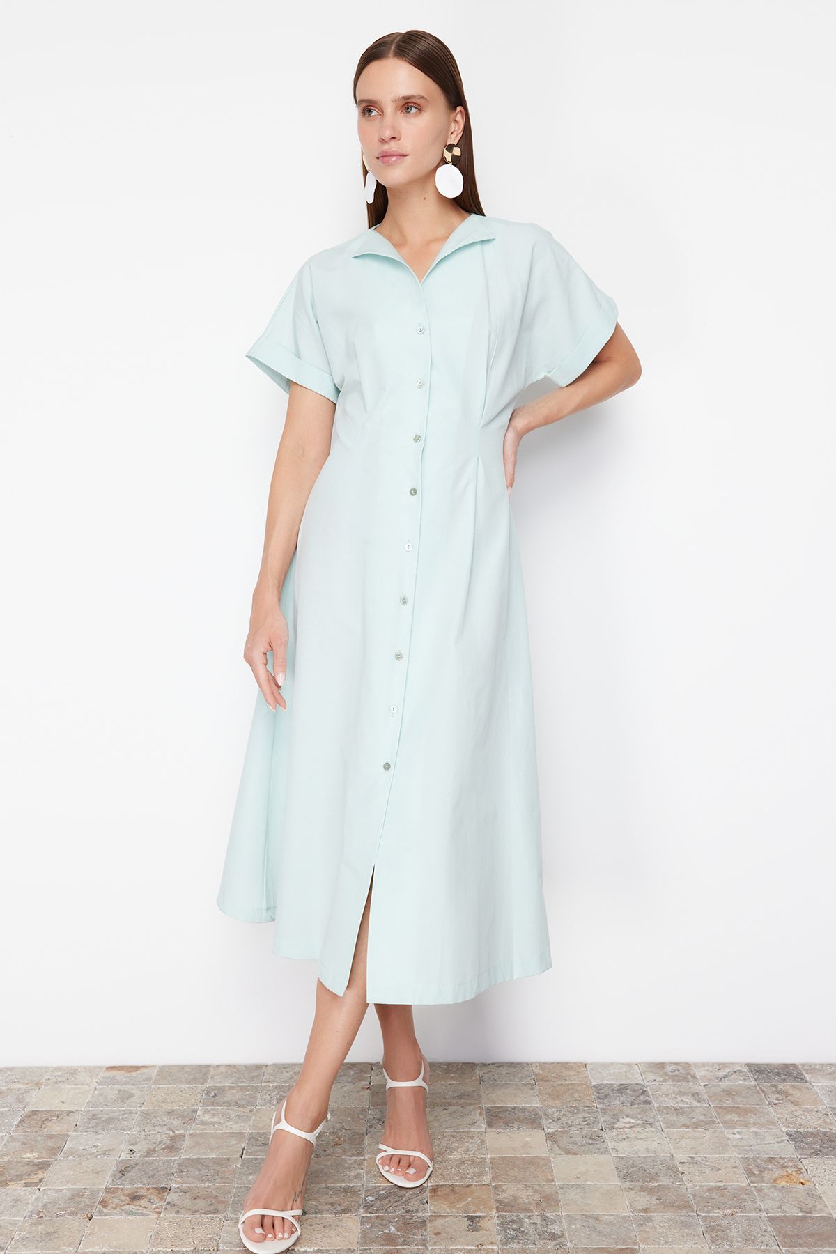 Trendyol Collection Miętowa Tkana Sukienka Koszulowa Midi Z Odcięciem W Talii Kobieta - 36
