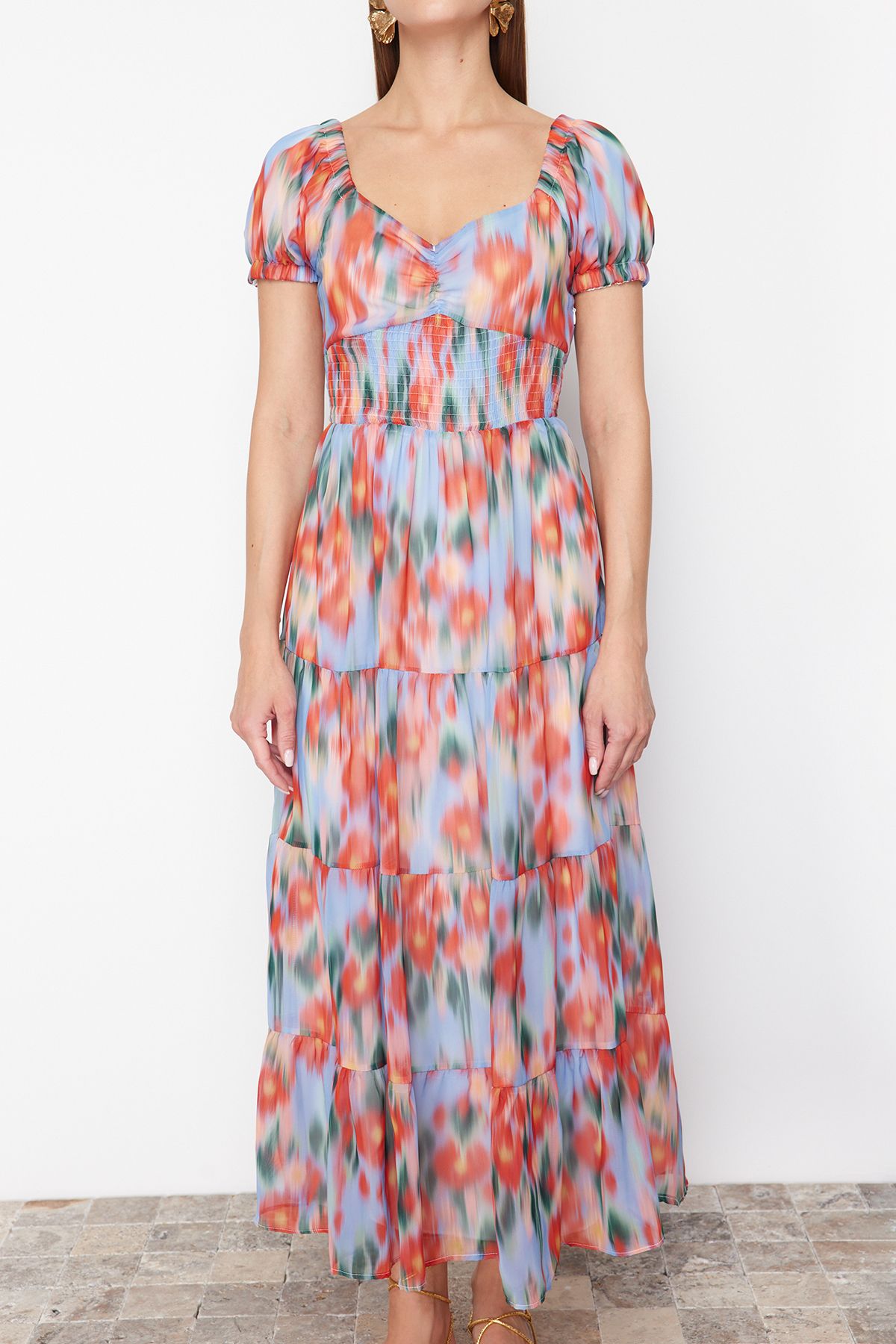 Trendyol Collection-Rochie maxi țesătă cu imprimeu floral în linie A albastră TWOSS24EL00807 4