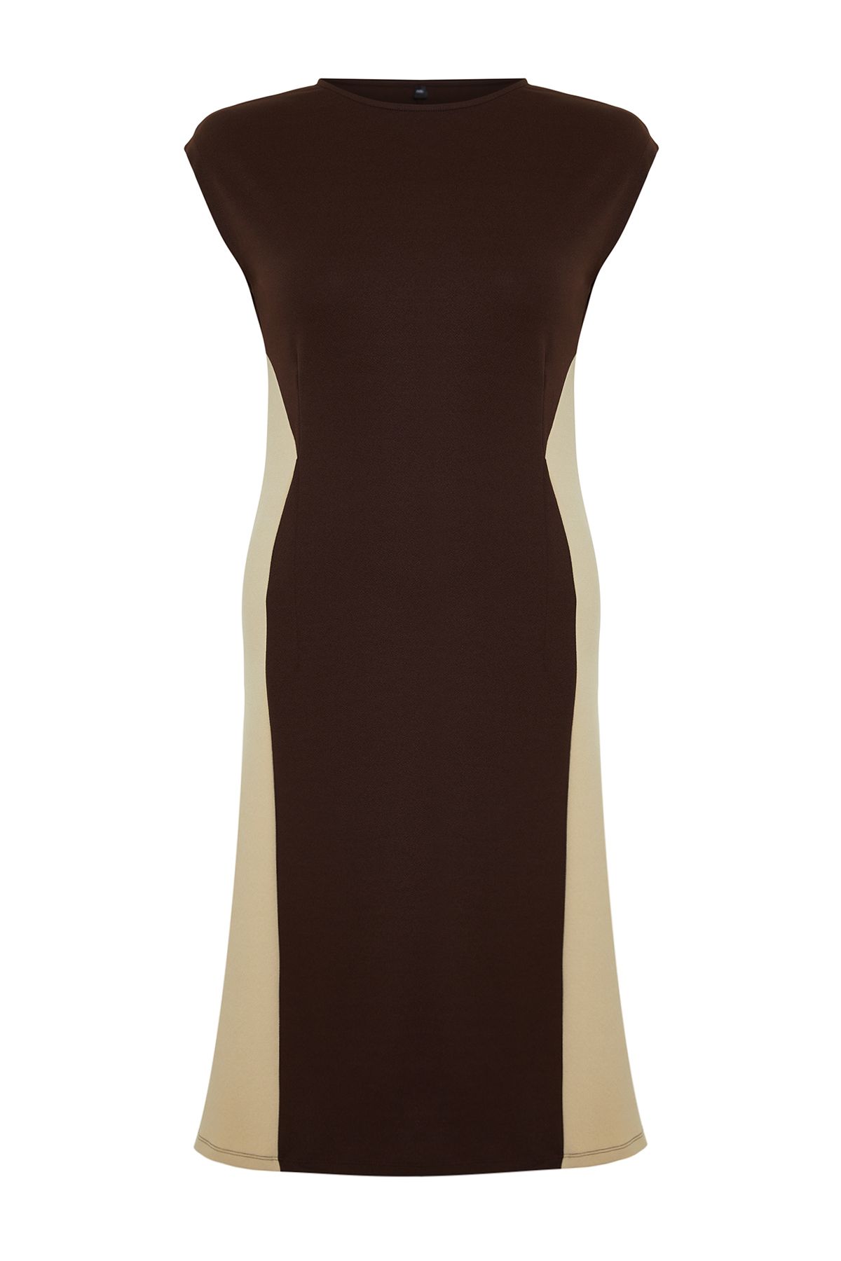 Trendyol Curve-Коричнево-бежева сукня міді в клітинку з креп-крепу Orme Plus Size TBBSS24AH00143 7
