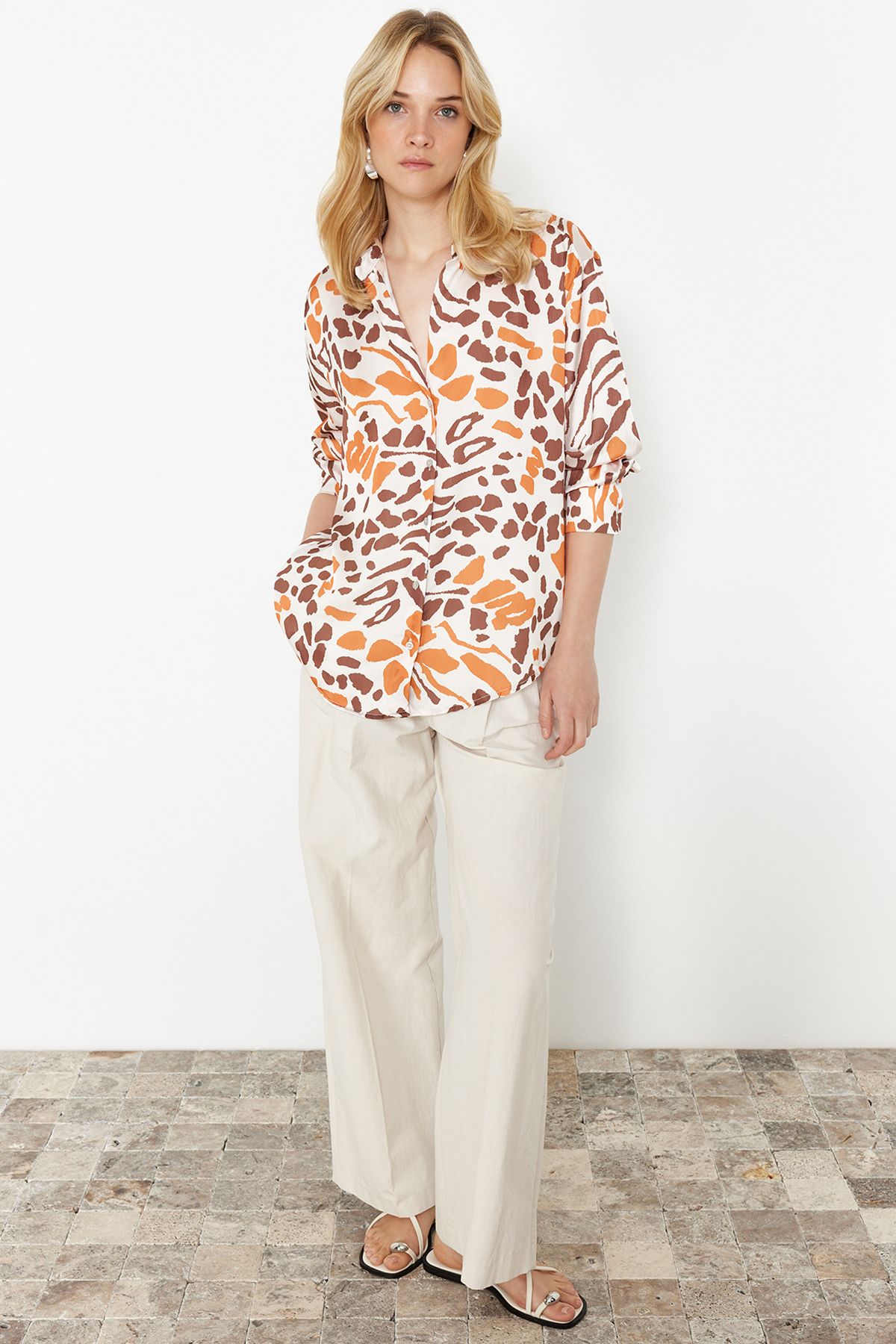 Trendyol Collection-Satin Fabric - Multicolored Patterned Oversize Shirt TWOSS24GO00210 3