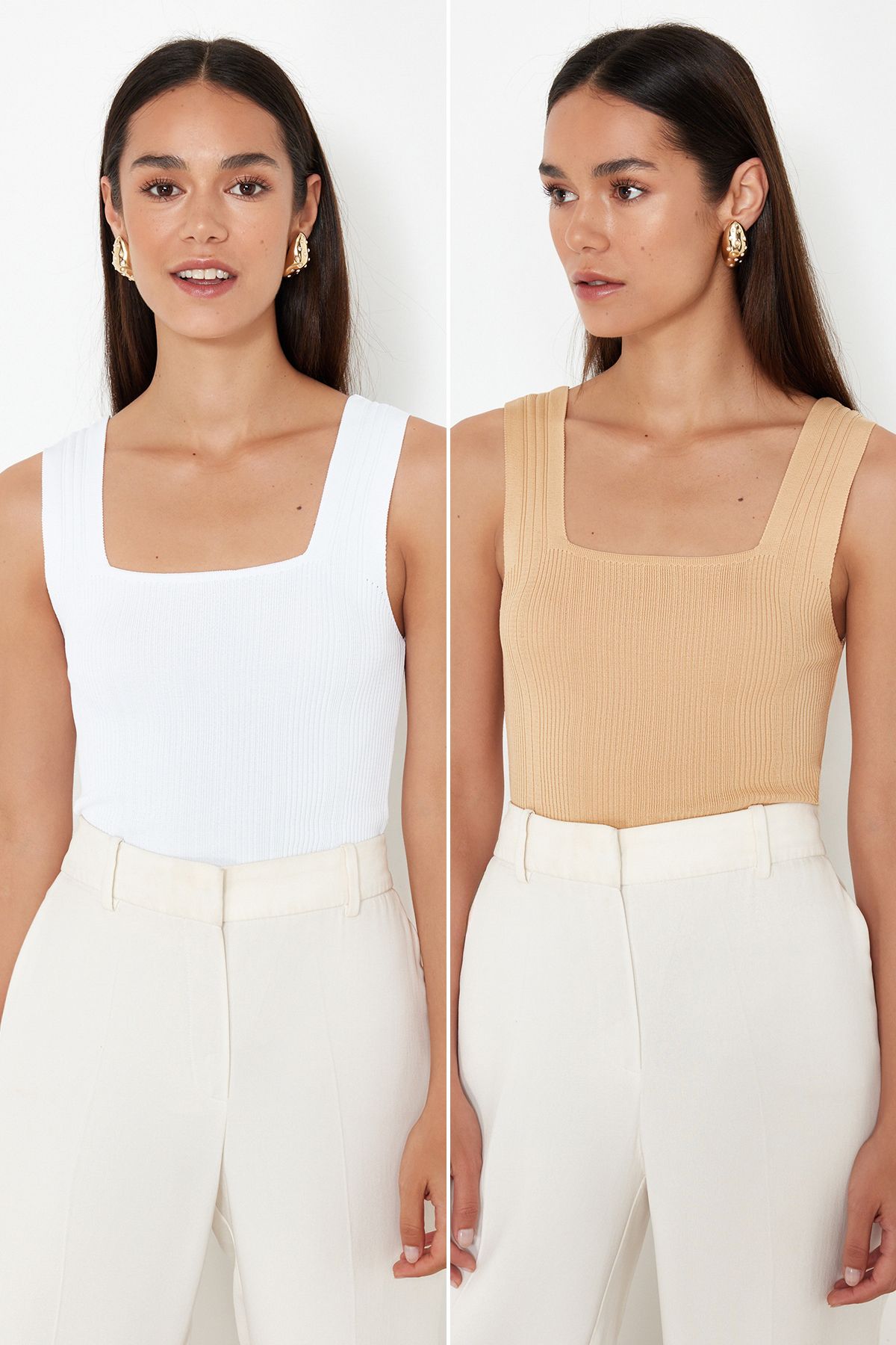 Trendyol Collection Camel-ecru Basic Double Pack Top Dzianinowa Cienka Bluzka Twoss24bz00623 Kobieta - S/M