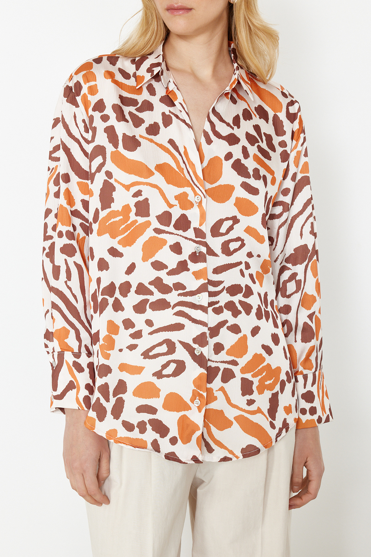 Trendyol Collection-Satin Fabric - Multicolored Patterned Oversize Shirt TWOSS24GO00210 5