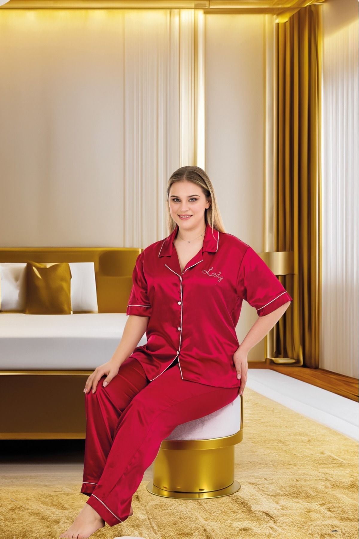 Lady Lingerie-Set de pijamale marimi mari din satin roșu 2