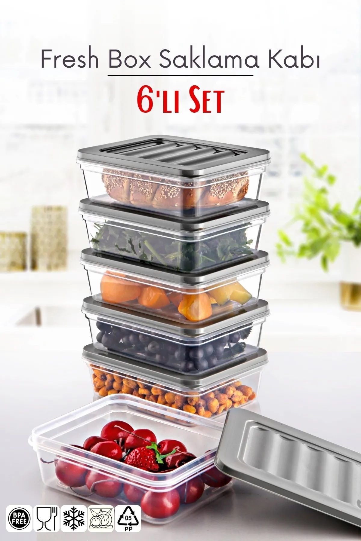 Open Home Concept-Freshbox Set of 6 - Suitable for Microwave and Diffraction, 0.6 Lt Gray Storage Container 1