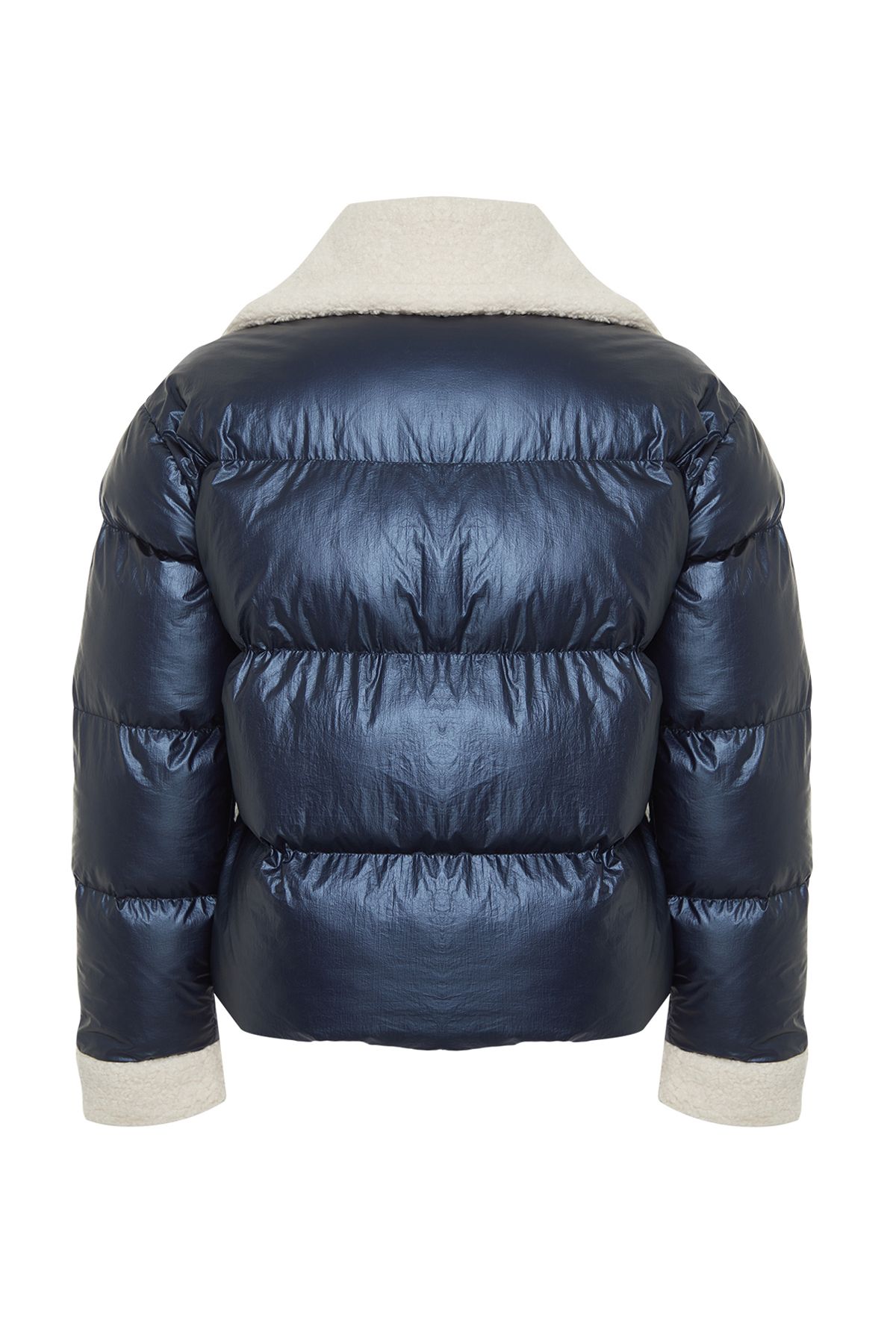 Trendyol Collection-Palton puf albastru bleumarin strălucitor - cu guler de pluș și detaliu curea, hidrofug TWOAW25MO00062 7