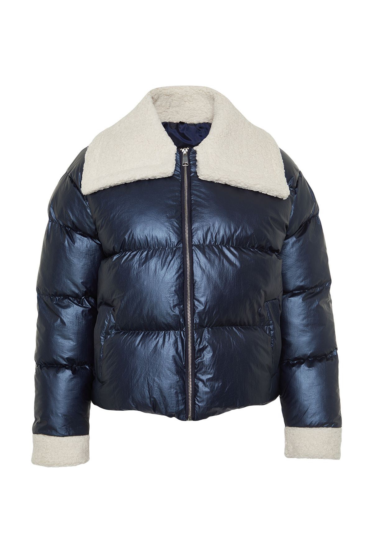 Trendyol Collection-Palton puf albastru bleumarin strălucitor - cu guler de pluș și detaliu curea, hidrofug TWOAW25MO00062 6