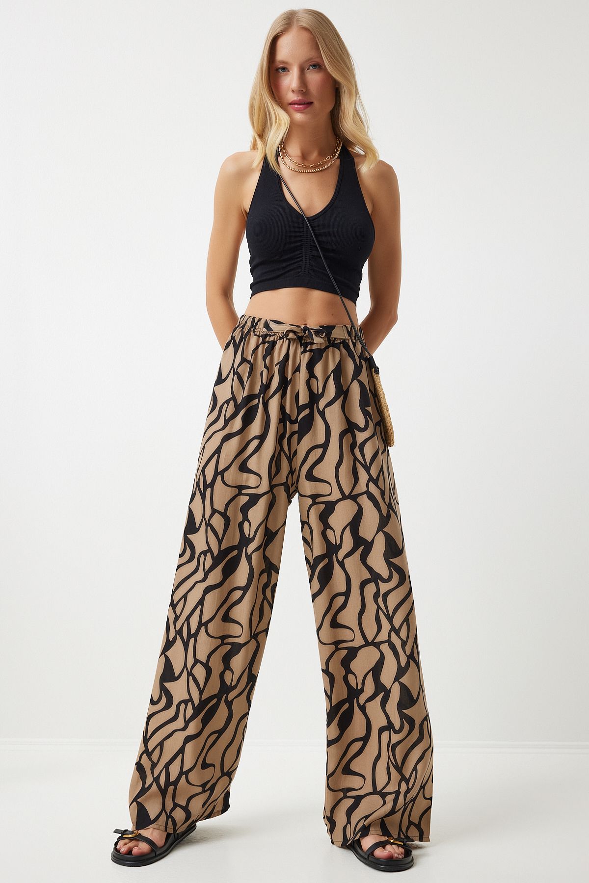 pantalon de palazzo en viscose beige et noir à motifs drapés pour femmes en00606