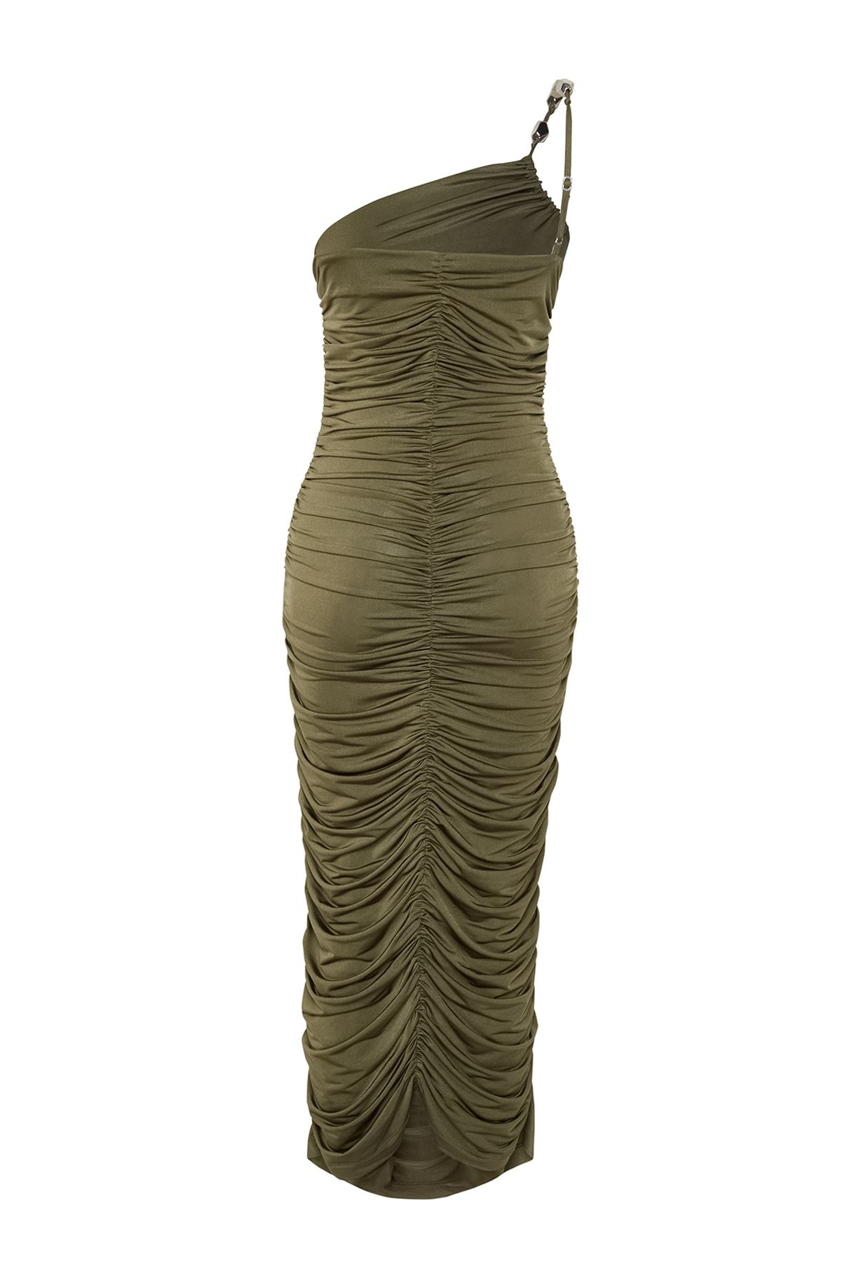 Trendyol Collection-Zeynep Tosun Design - Pletené večerní šaty v khaki barvě s detailem příslušenství TCLSS24EL00002 9