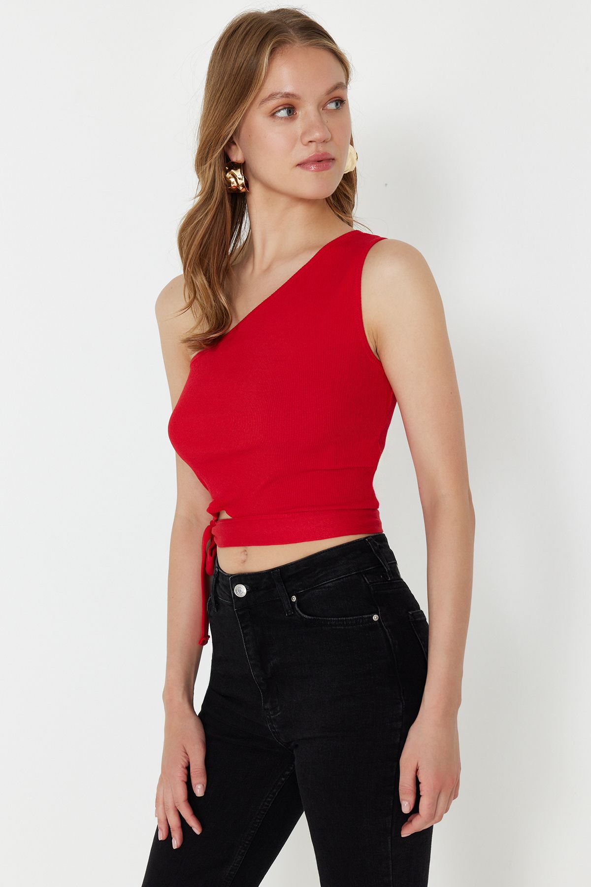 Trendyol Collection-Red One Shoulder Fitted/Body-Sitting Ribbed Detailed Knitted Blouse TWOSS22BZ1558 3