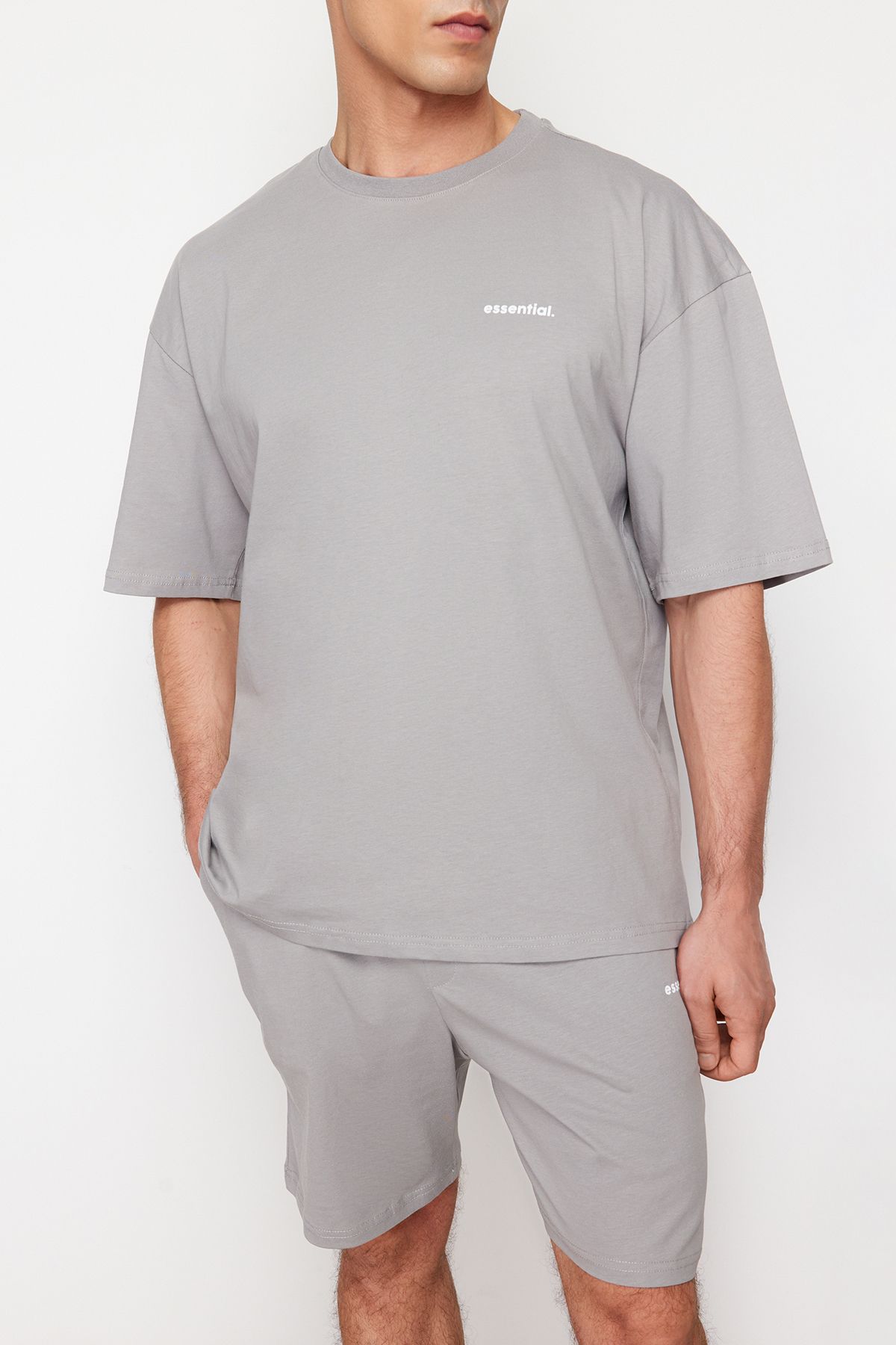 Trendyol Collection-Oversize Gray Tracksuit Set - Text Printed, 100% Cotton, TMNSS24EM00003 5