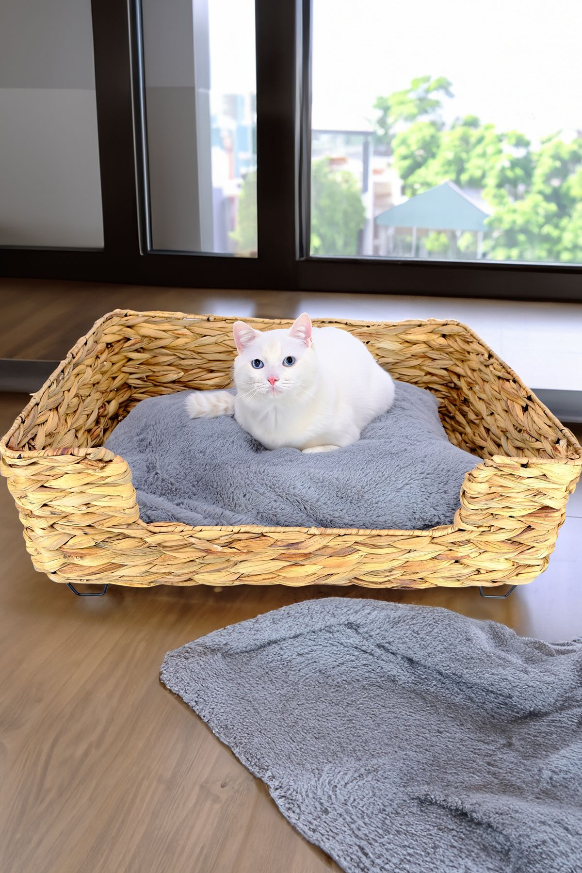 Digithome-Wicker Rectangular Cat and Dog Bed with Inner Cushion 60.5 Cm Brown - CL-4038 C1-1-121 2