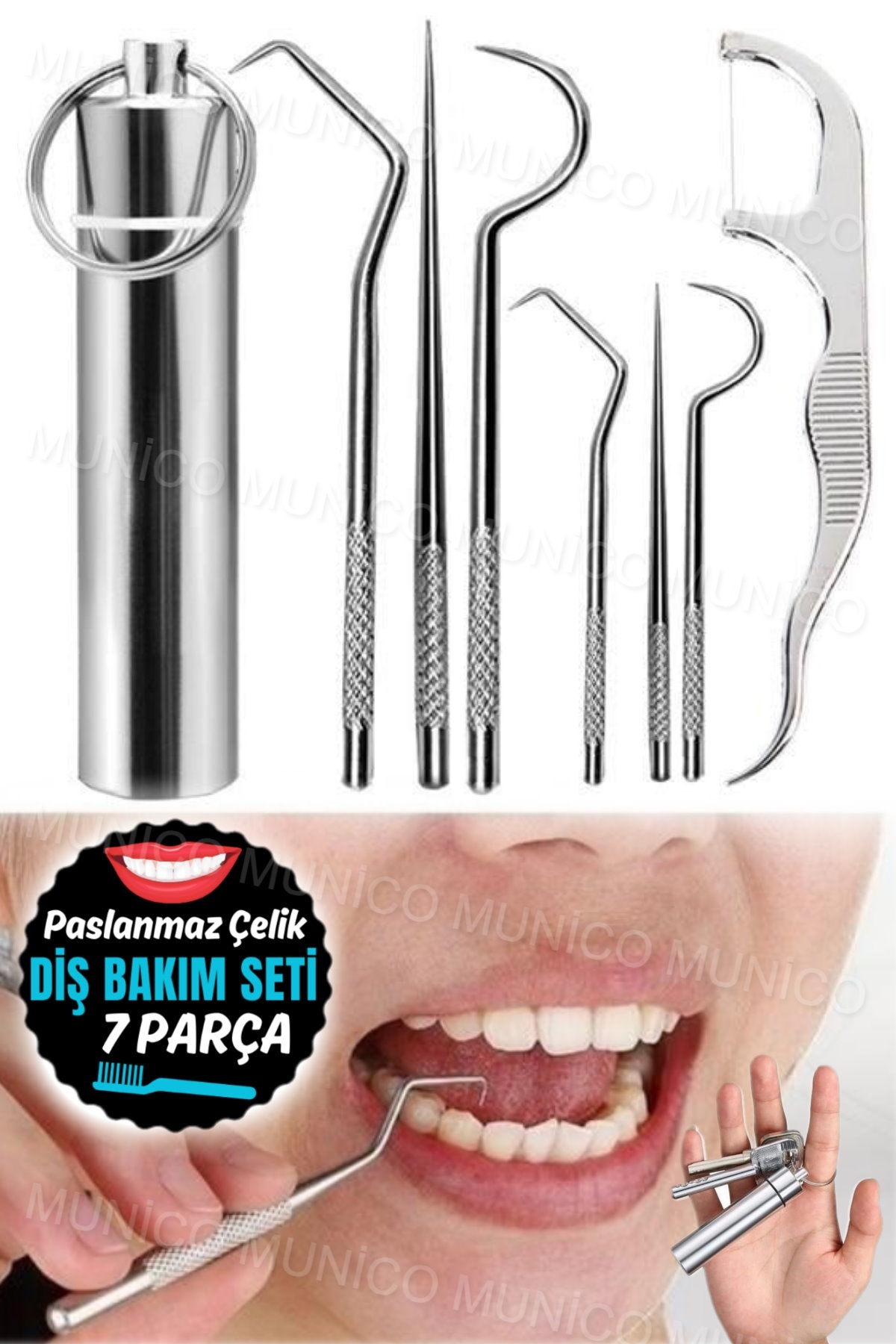 Genel Markalar 7 Parça Paslanmaz Çelik Kürdan Seti Diş İpi Kullanımlık Kürdan Taşınabilir Kürdan Ipi Diş Temizleme