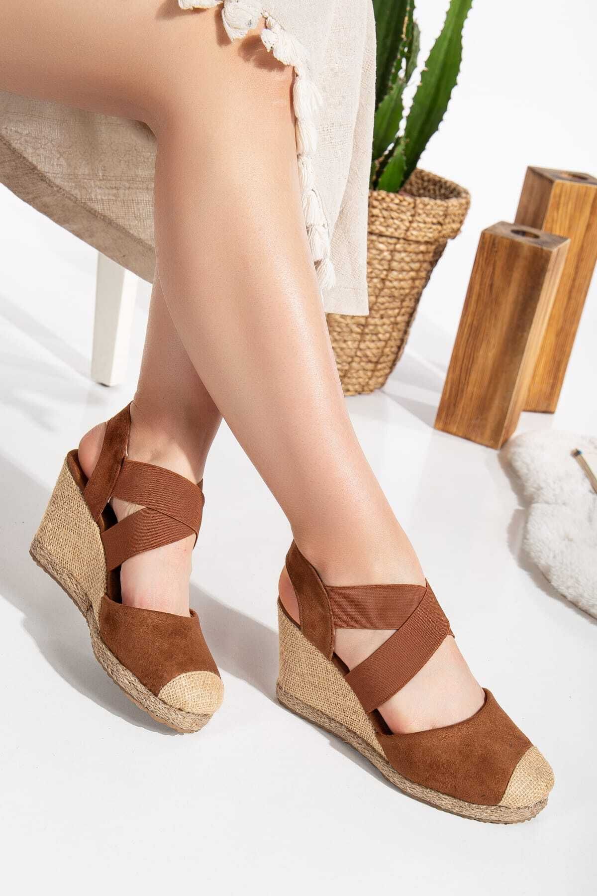 Kartezyen Pantofi De Damă Cu Toc Cu Paie Din Piele Intoarsa Maro - Elastic Model Cod Femeie - 39