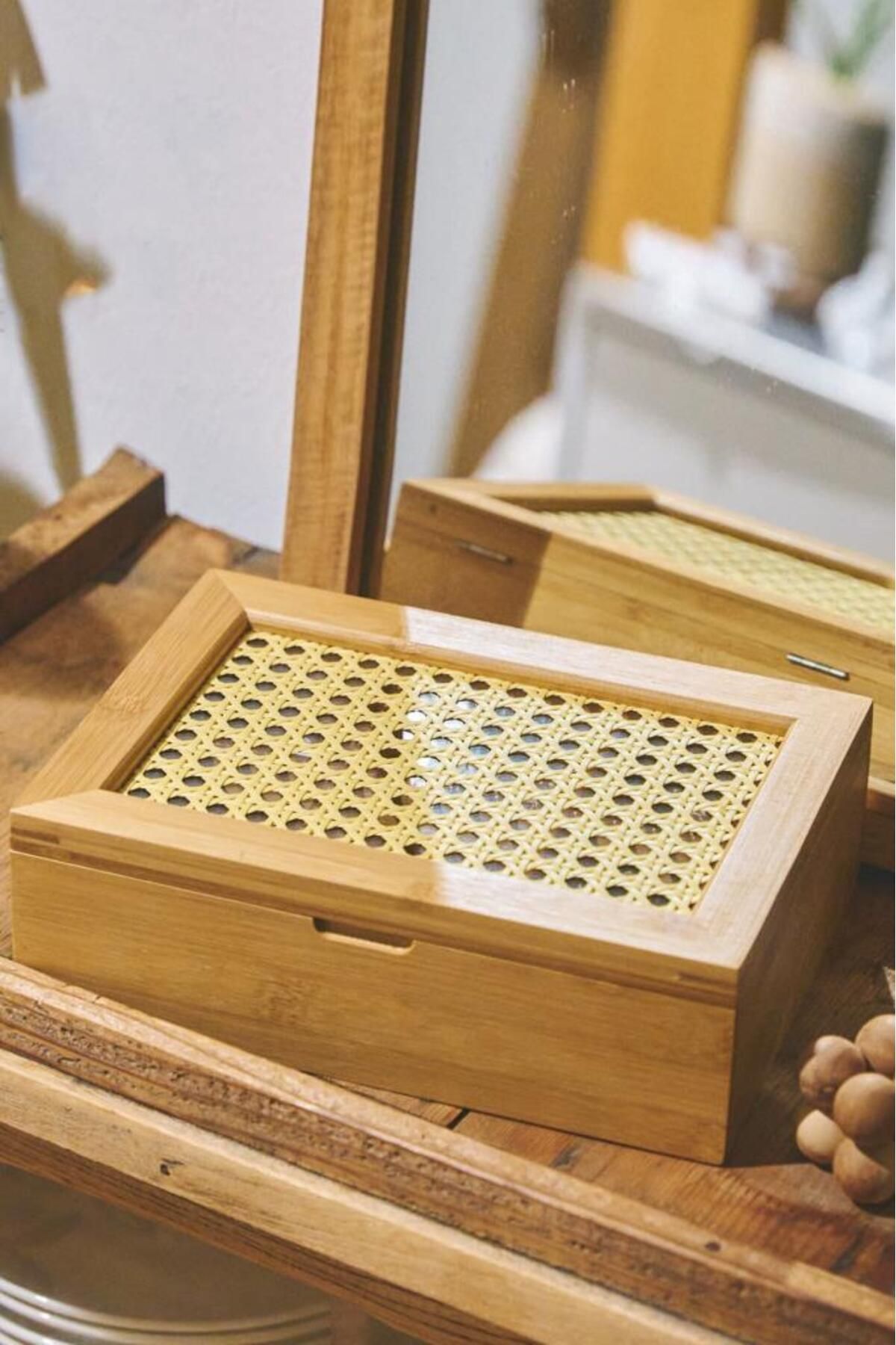 Digithome-6 Compartment Bamboo Tea Box with Lid - Hazeranlı, Brown, C/11 C1- 2