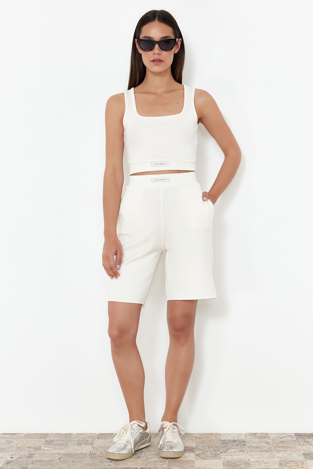 Trendyol Collection-Flexible and Soft Knitted Blouse and Shorts Set - Ecru, Label Detailed TWOSS24AU00127 1