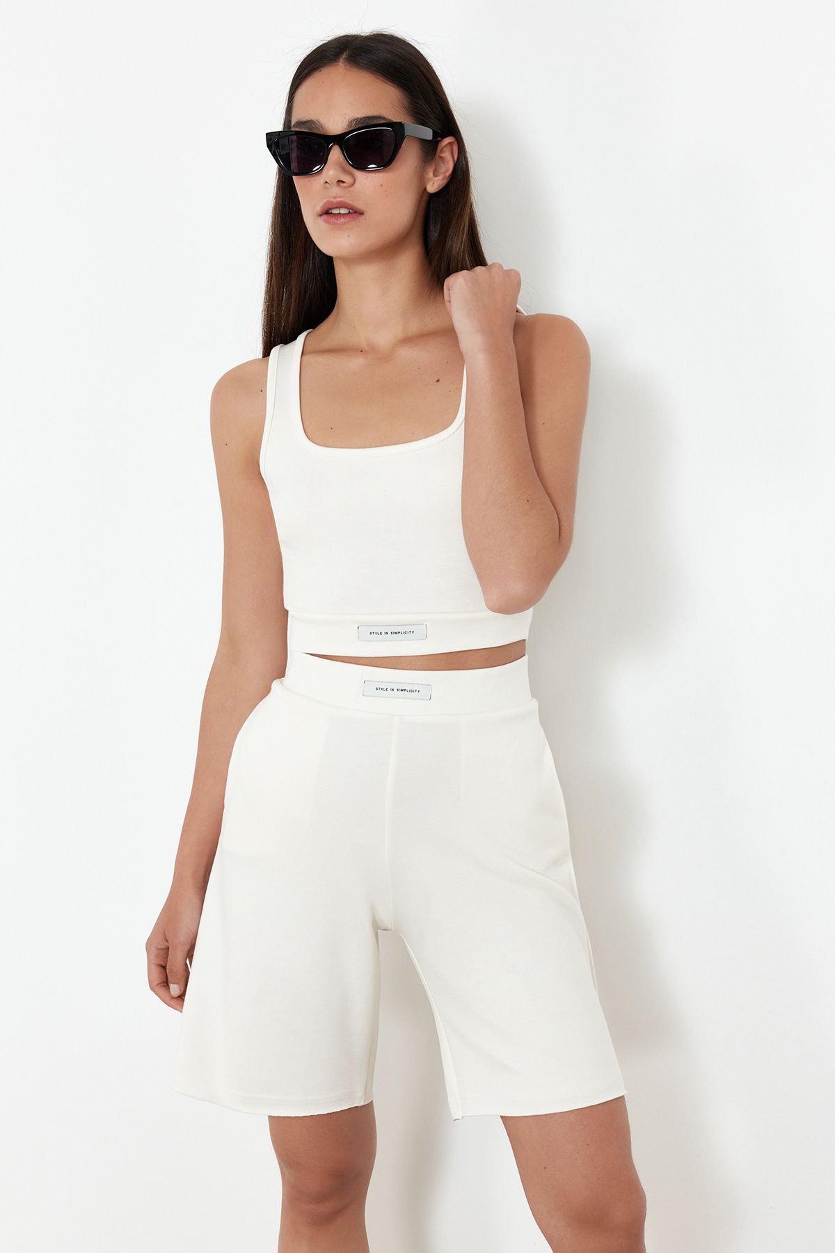 Trendyol Collection-Flexible and Soft Knitted Blouse and Shorts Set - Ecru, Label Detailed TWOSS24AU00127 3