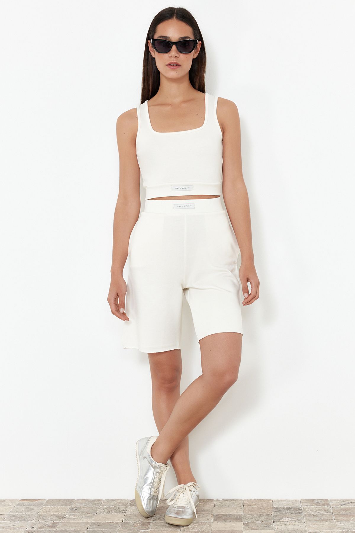 Trendyol Collection-Flexible and Soft Knitted Blouse and Shorts Set - Ecru, Label Detailed TWOSS24AU00127 2