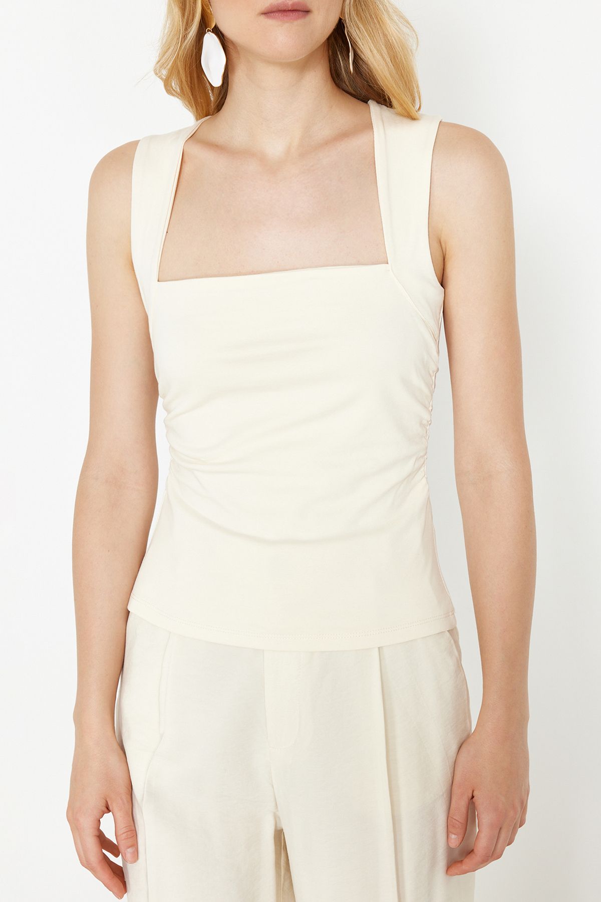 Trendyol Collection-Stretchy Knitted - Solid Square Neck and Drawstring Blouse Twoss24Bz00400 4