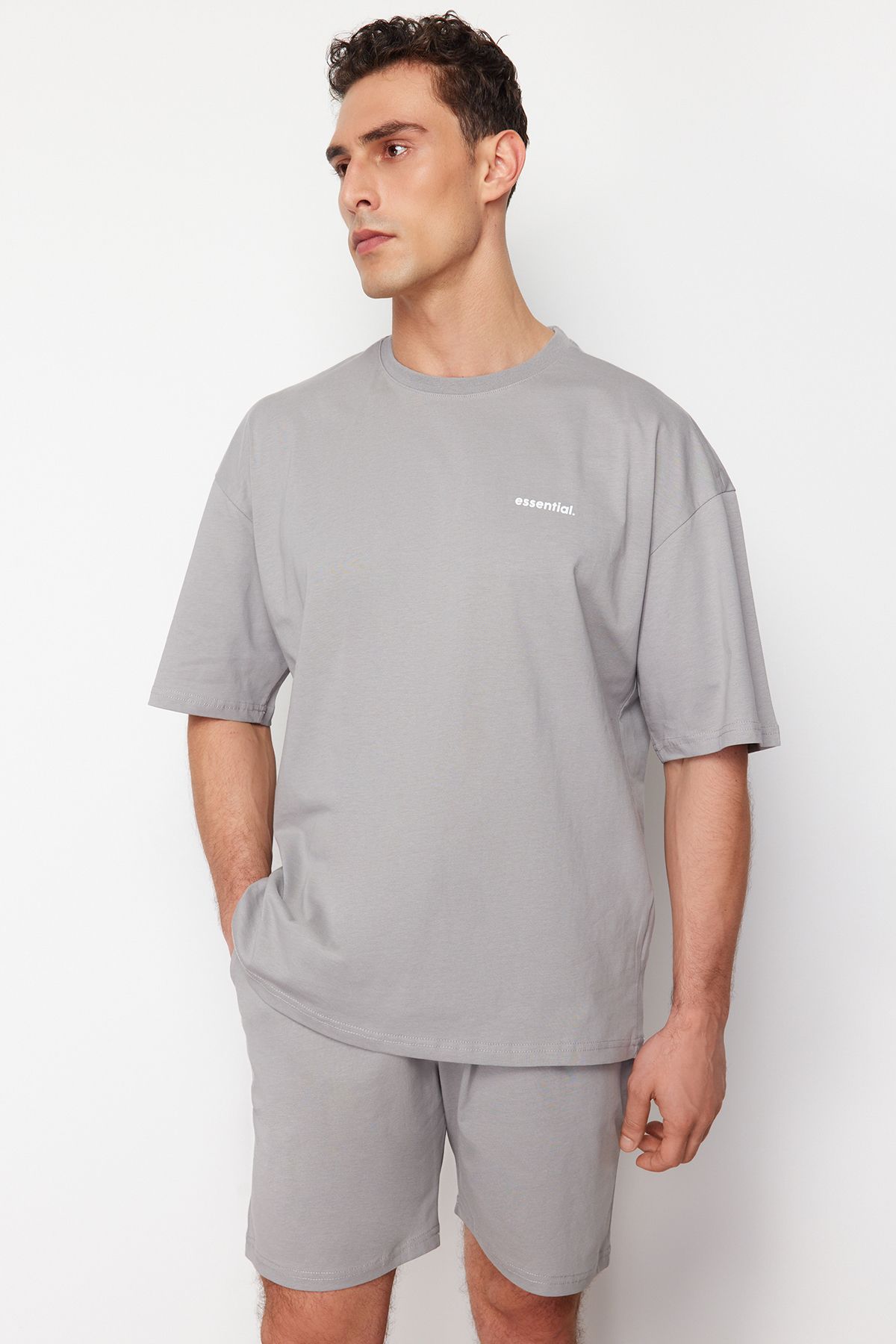 Trendyol Collection-Oversize Gray Tracksuit Set - Text Printed, 100% Cotton, TMNSS24EM00003 3