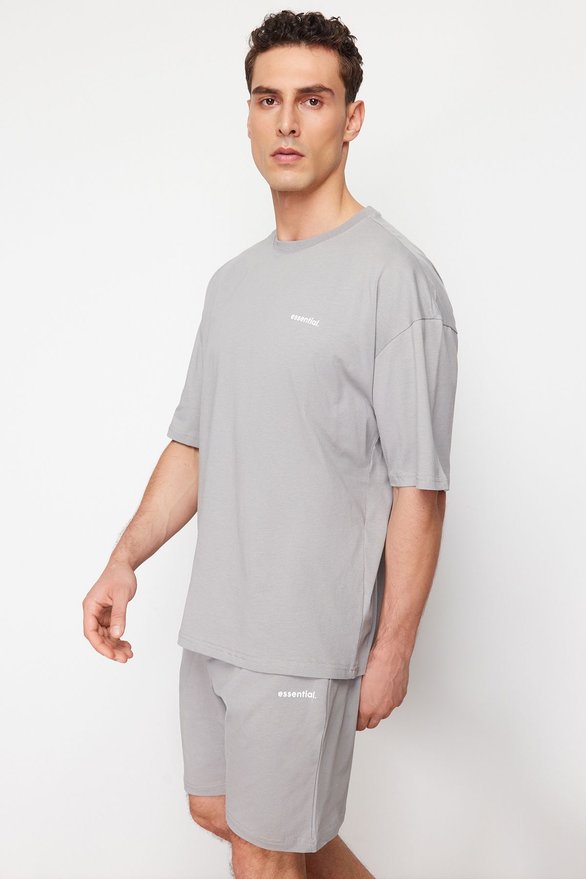 Trendyol Collection-Oversize Gray Tracksuit Set - Text Printed, 100% Cotton, TMNSS24EM00003 4