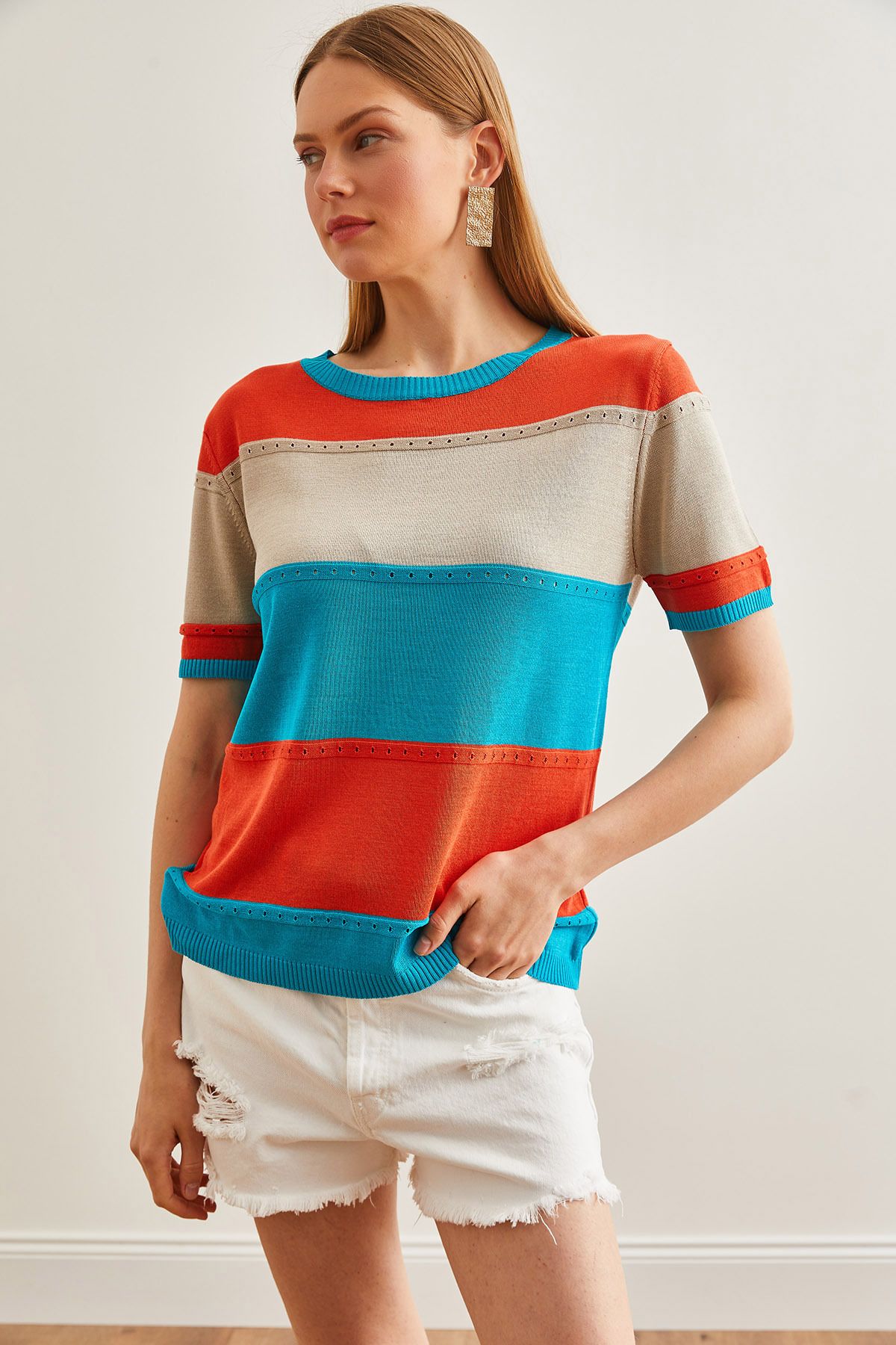 Olalook-Μπλούζα Sky Blue Blocked Knitwear - Mercerized Flowy, BLZ-19002640 3