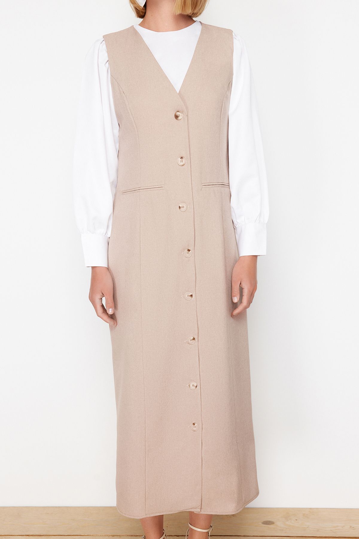 Trendyol Modest-Beiges Gilet-Kleid - Webstoff TCTSS24EB00202 4
