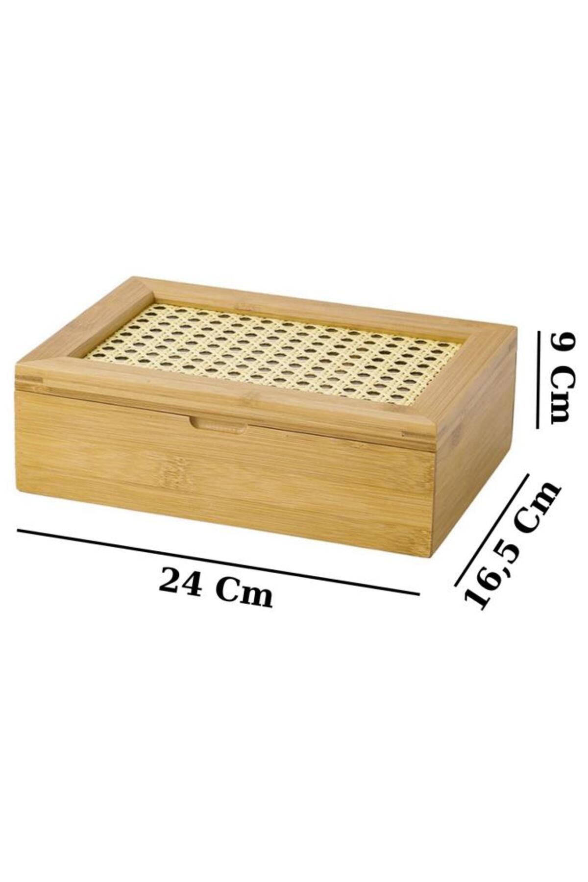 Digithome-6 Compartment Bamboo Tea Box with Lid - Hazeranlı, Brown, C/11 C1- 4