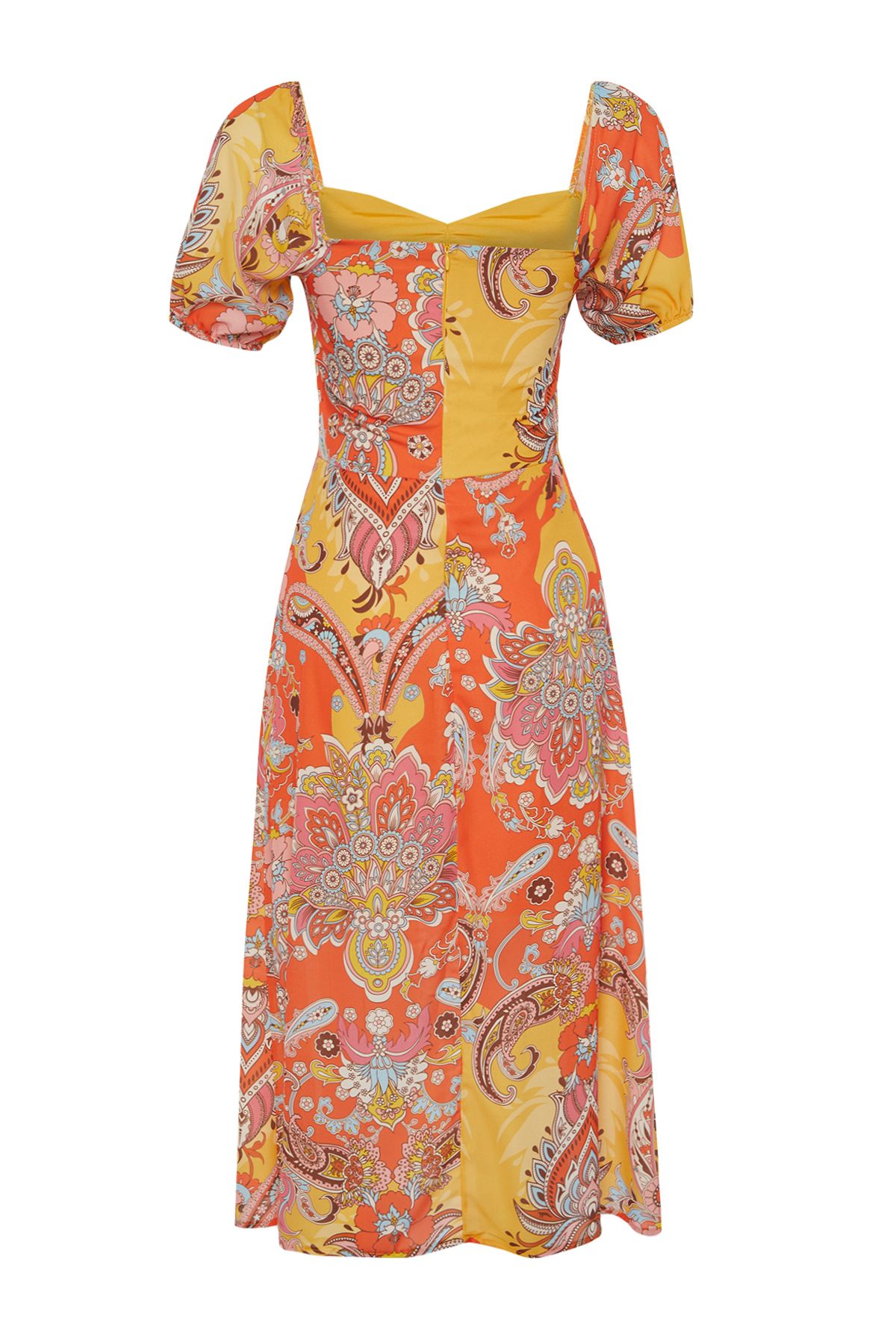 Trendyol Collection-Pomarańczowa wzorzysta linia A z kwadratowym kołnierzykiem i rozcięciem Midi z szyfonową tkaną sukienką TWOSS23EL01846 8
