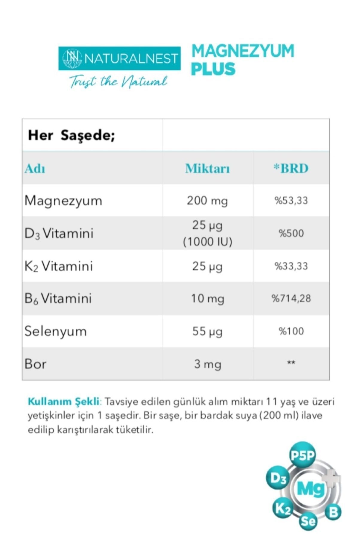 Naturalnest-Magnesium Plus 30 Sachet Magnesium Citrate, P5p (VITAMIN B6), Selenium, Boron, D And K Vit 4
