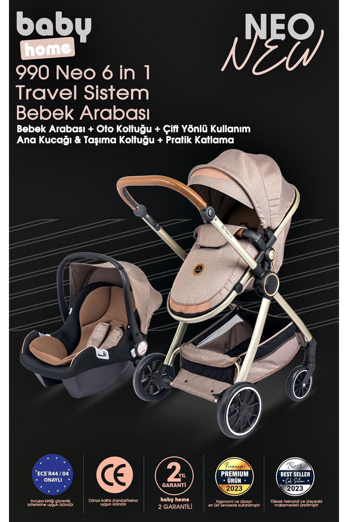 Baby Home 990 Neo 6‑in‑1 Travel Sistem Bebek Arabası + 0+ Oto Koltuğu, Katlanabilir, Hafif, Çift Yönlü fotoğrafı 2 (önizleme)