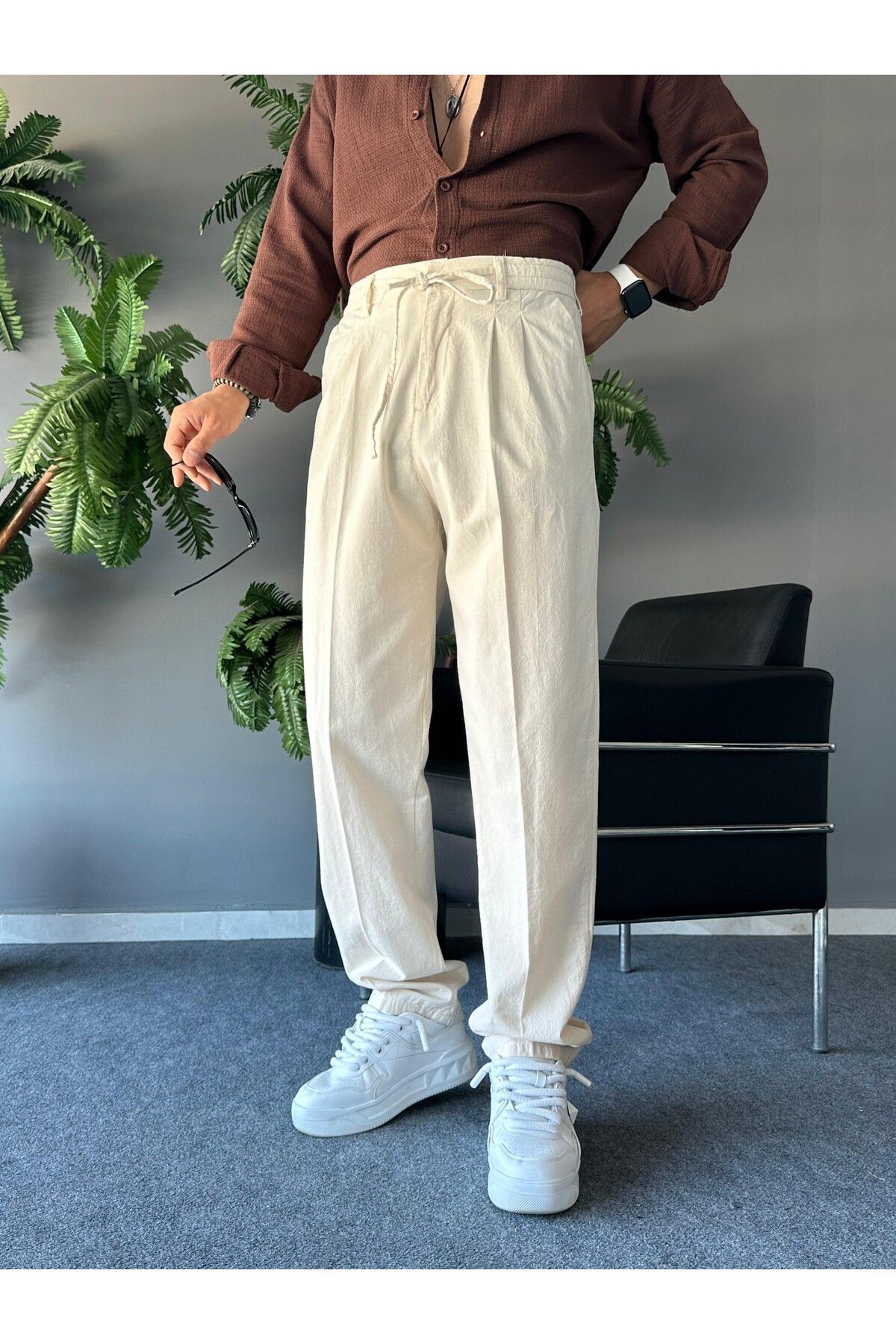 Beige Raw Linen Trousers with Baggy Waist Lace